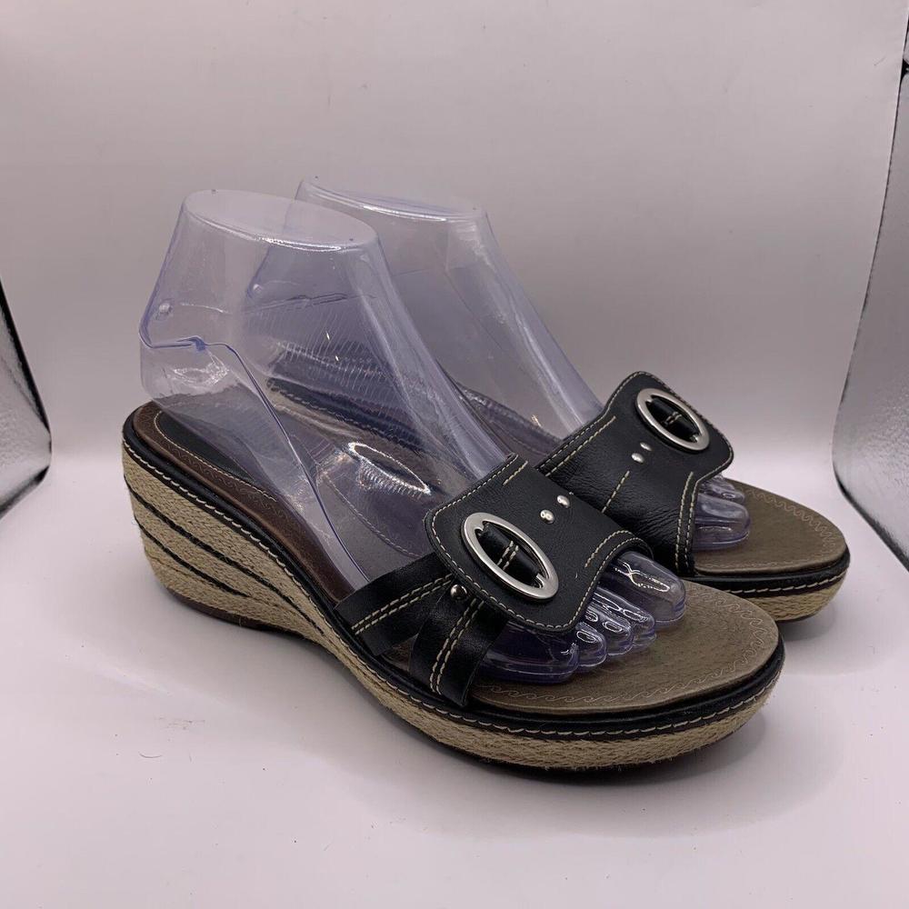 Clarks Artisan Women Black Espadrille Rope Wedge Sandal Shoe Size 7M
